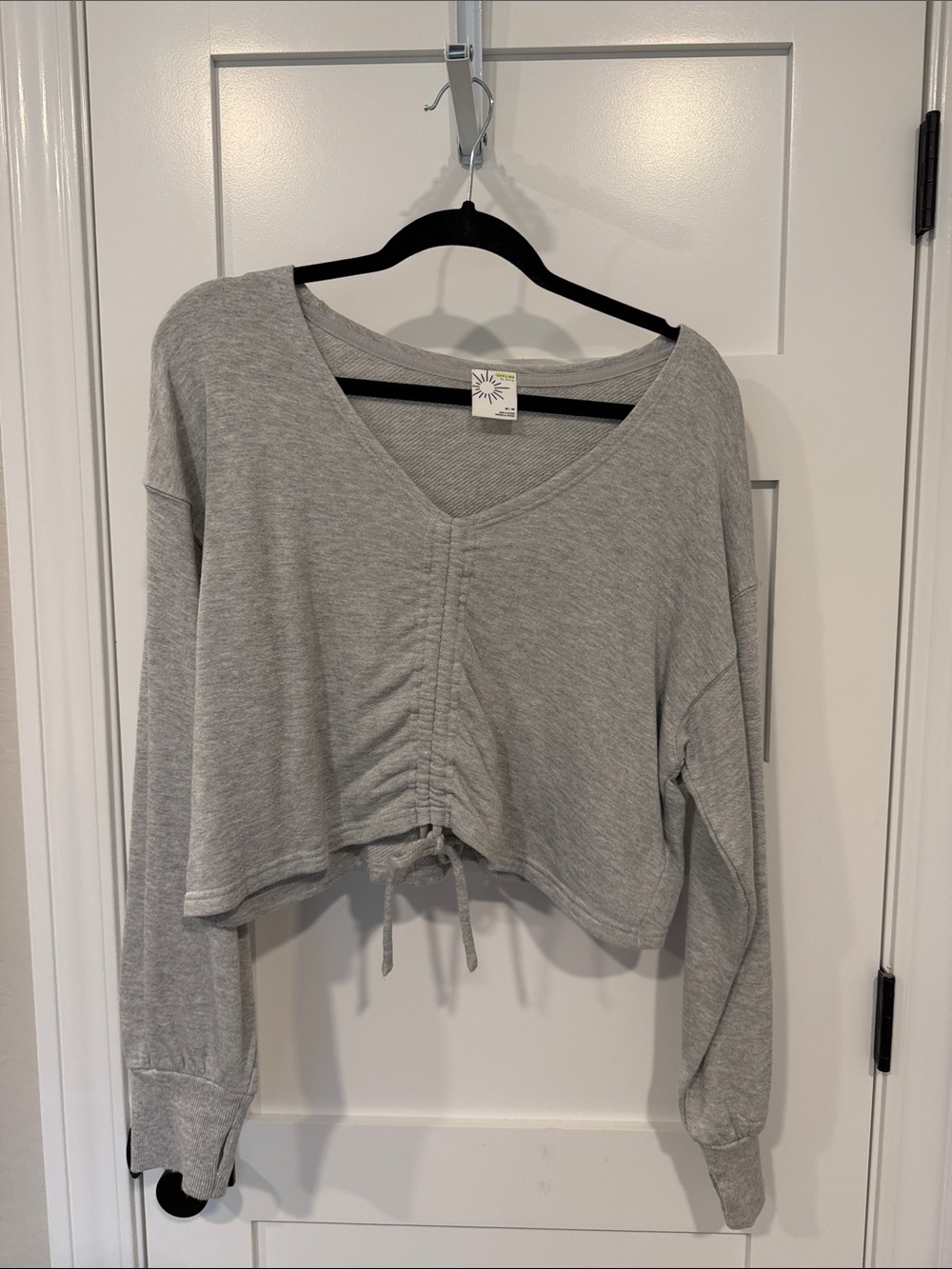 Offline Cropped V-Neck Drawstring Sweatshirt - Grey - Unbranded